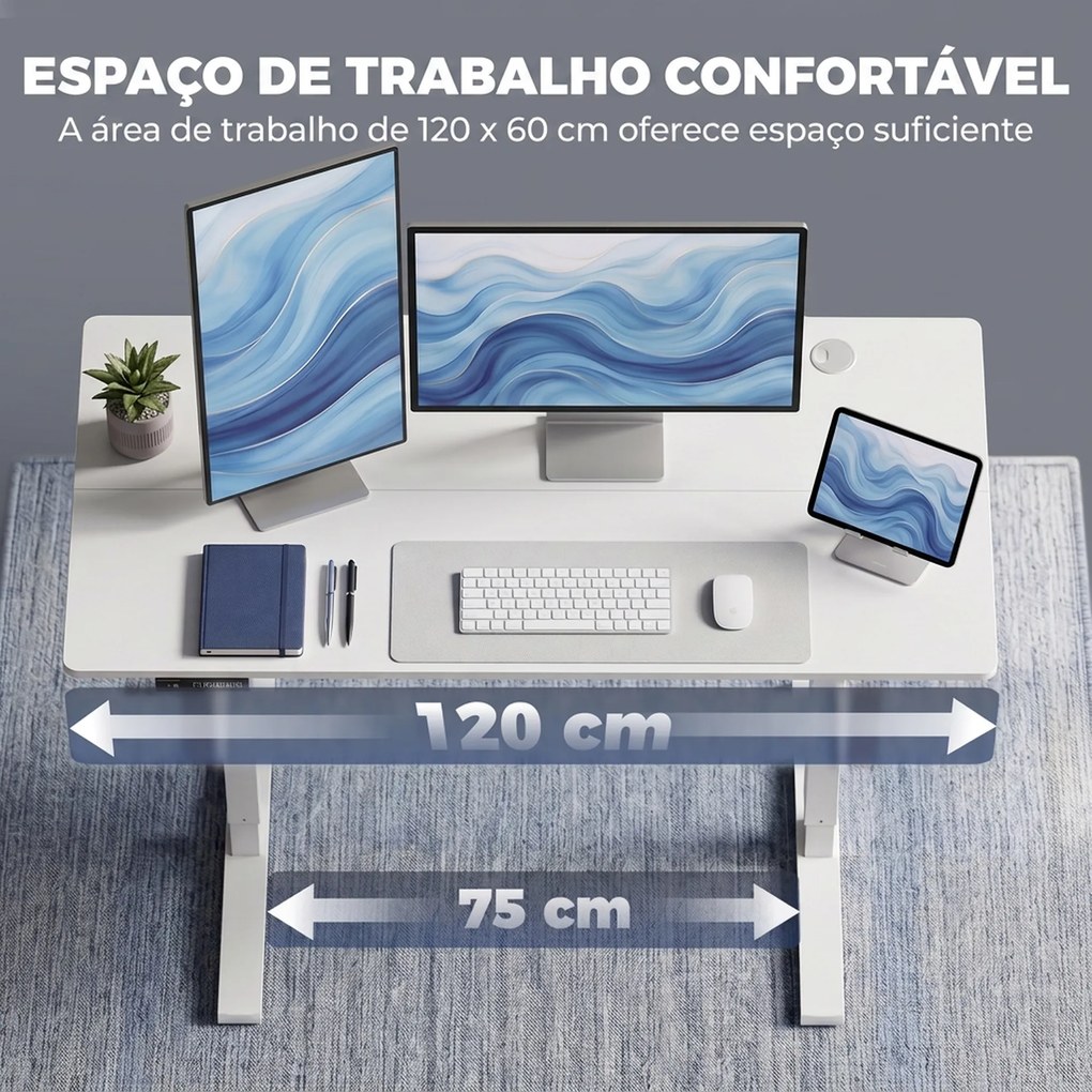 Secretária Elevatória com Memória, Altura Regulável, 2 Passa-Cabos e Ecrã LED, Branco