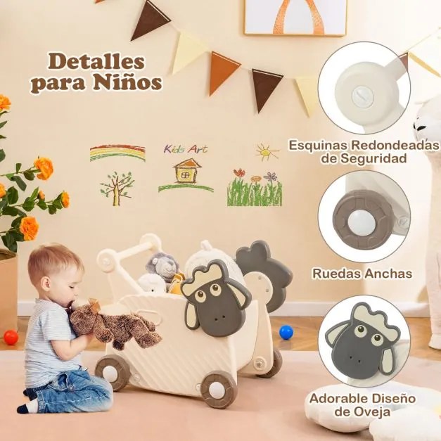 Andador de bebé 3+ anos em forma de ovelha com 4 rodas para desenvolvimento de habilidades 57 x 43 x 49 cm Branco + Cinzento