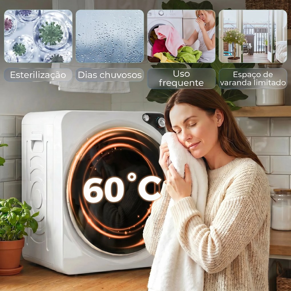 Máquina de Secar Roupa Compacta 5 kg 1000W com 5 Modos de Secagem Tambor em Aço Inoxidável Branco