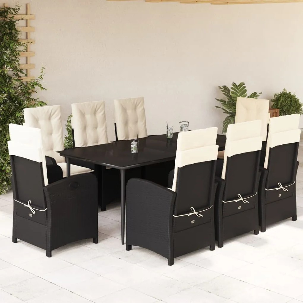 vidaXL 9 pcs conjunto de jantar p/ jardim c/ almofadões vime PE preto