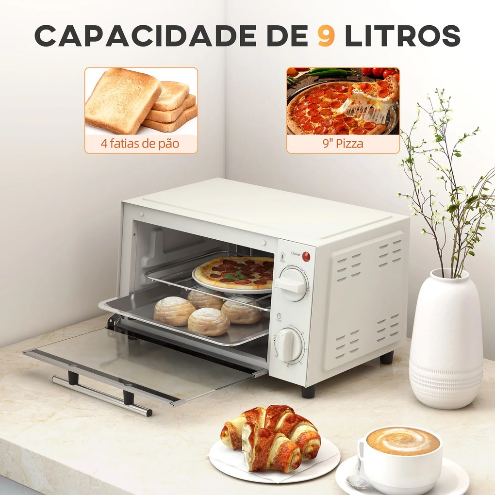 Mini Forno Elétrico 9L com Temperatura Ajustável até 230°C Temporizador 60 min e Bandeja para Assar 35x24,6x20 cm Creme