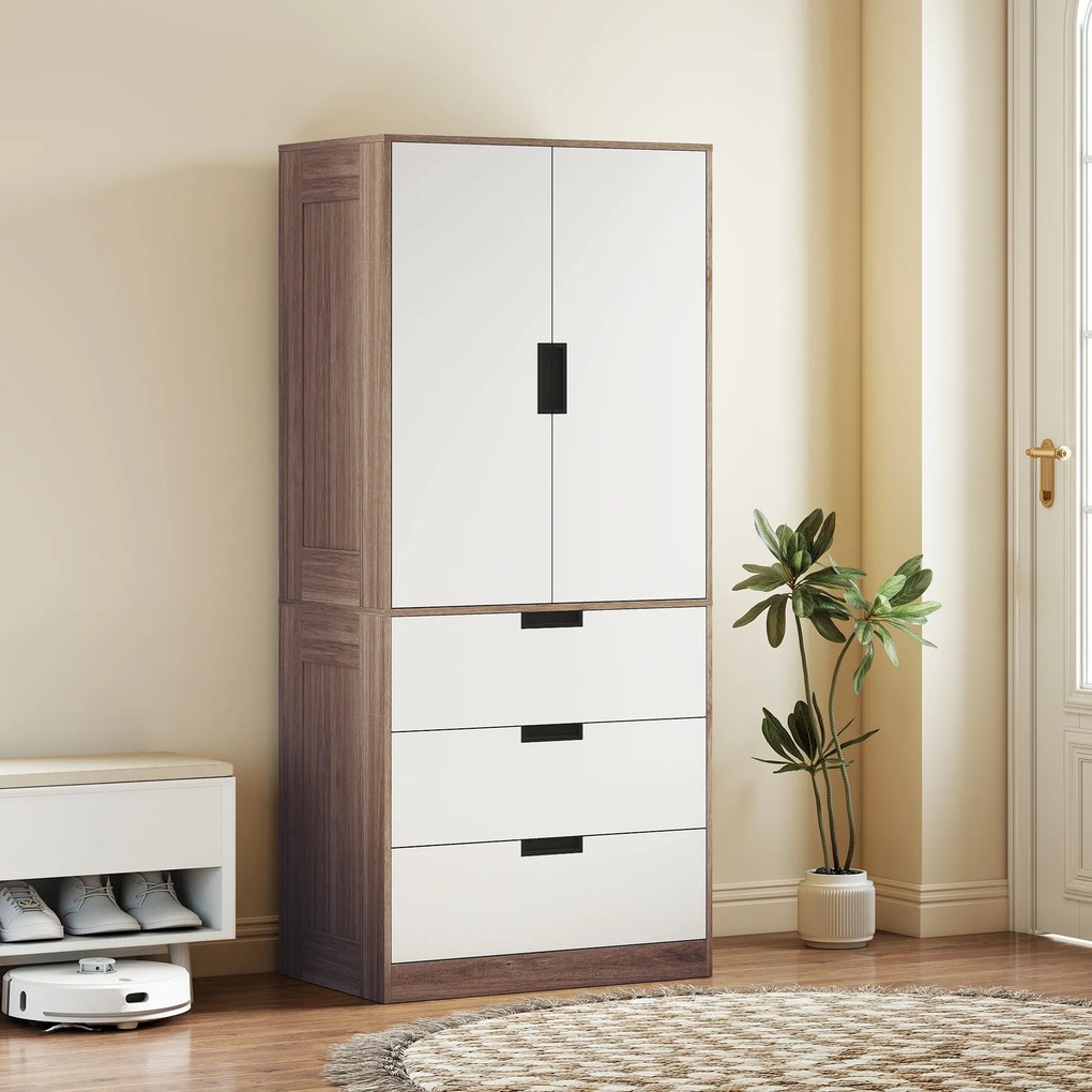 Guarda Roupa de 2 portas, armário moderno com 3 gavetas e varão para pendurar roupa, para quarto, castanho