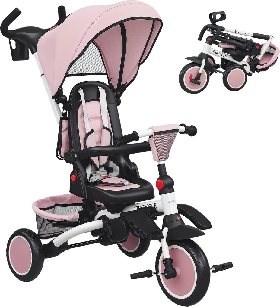 Triciclo para Bebés 6 em 1 Triciclo Criança Dobrável com Pega Parental Ajustável Assento Giratório 360° Rosa