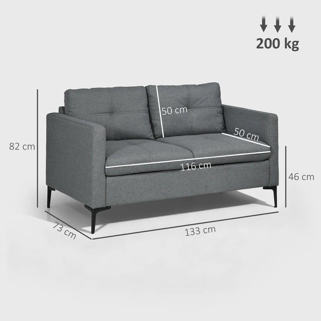 Sofá de 2 lugares contemporâneo com base em metal preto e tecido com efeito de linho cinzento escuro