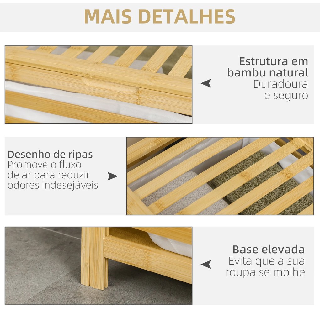 Cesto de Roupa de Bambu Cesto Roupa Suja Capacidade 55L com Bolsa Amov