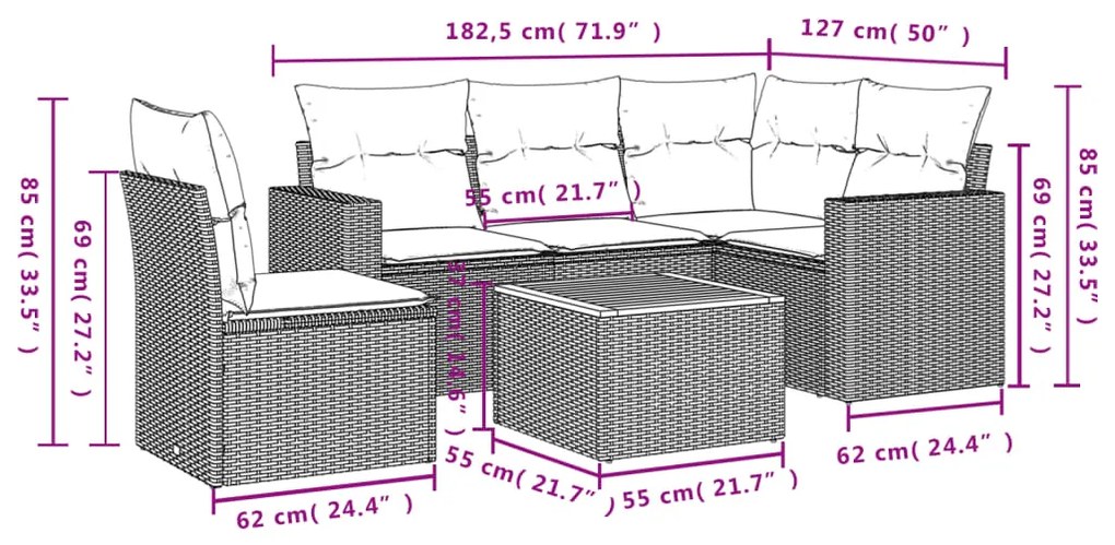 6 pcs conjunto de sofás p/ jardim com almofadões vime PE bege