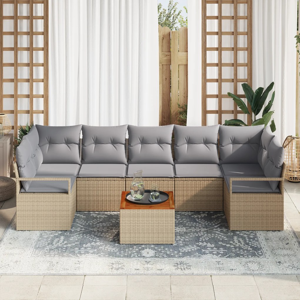 Conjunto de Sofá de Jardim de 8 Peças com Almofadas Bege Poliratan Acá