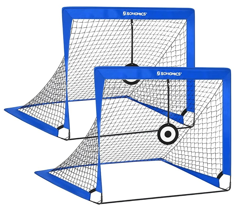 Conjunto de 2 balizas de futebol para crianças dobráveis com 6 cones de treino 90 x 120 x 90 cm em azul