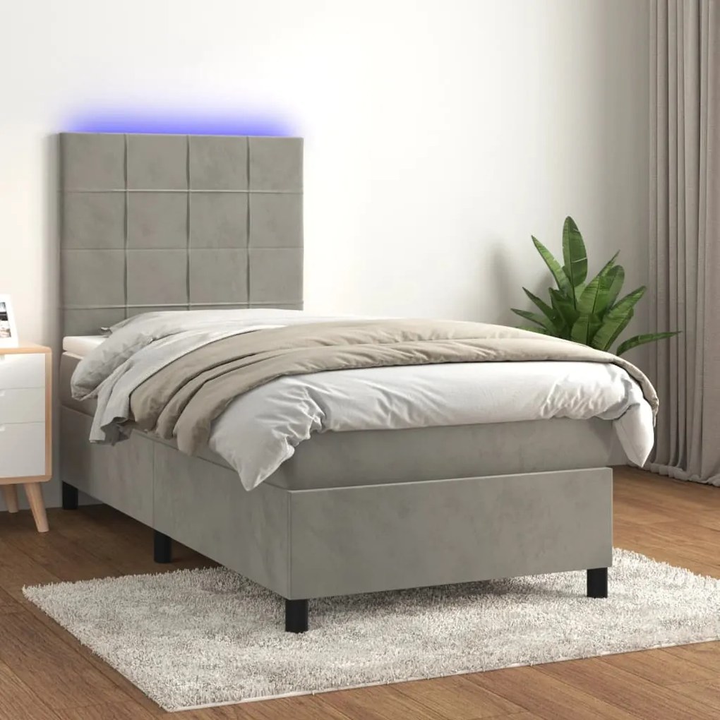 Cama box spring c/ colchão/LED 90x200 cm veludo cinzento-claro