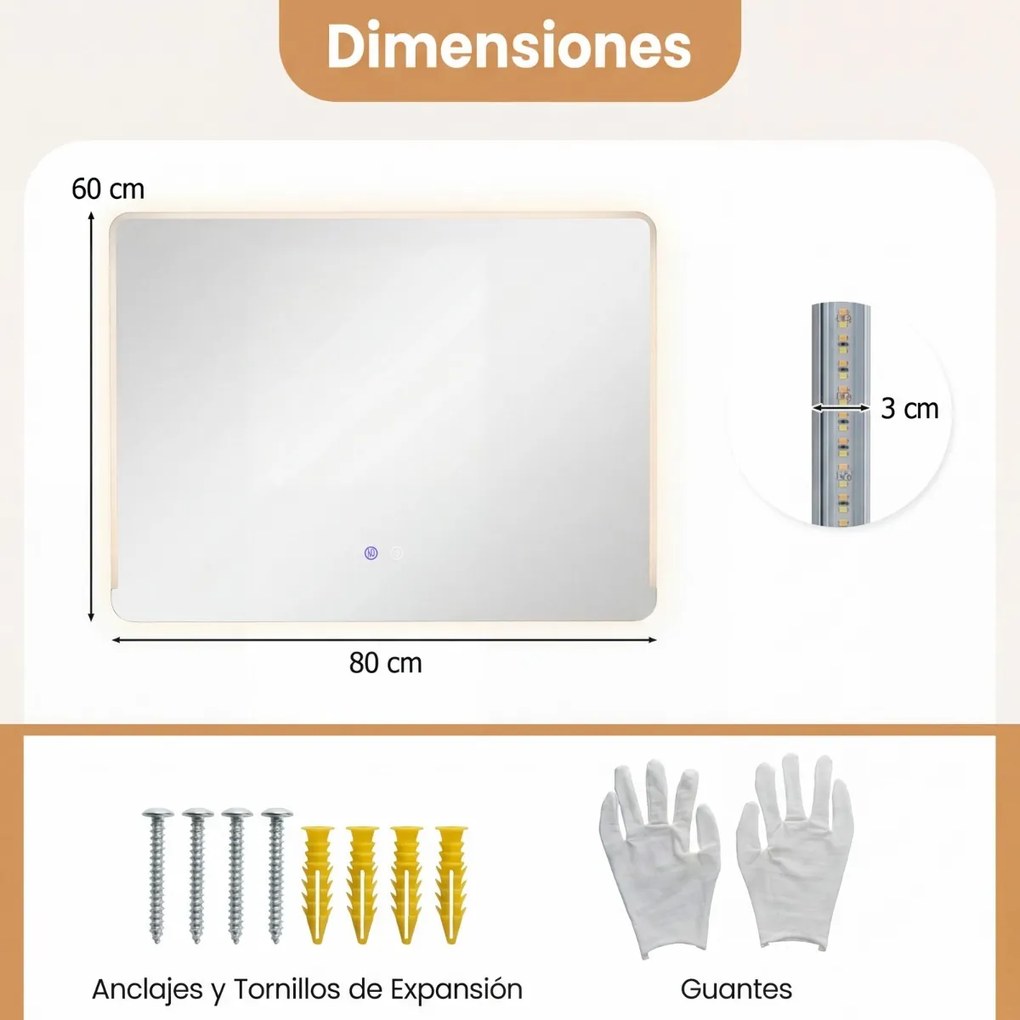 Espelho LED 80x60cm para casa de banho com luz antiembaciamento e 3 cores reguláveis prateado