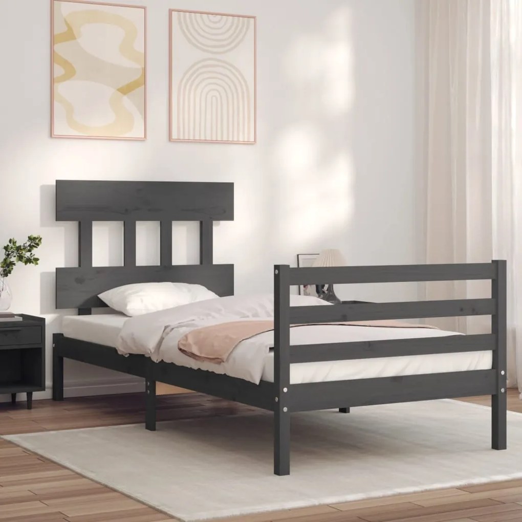 vidaXL Estrutura de cama com cabeceira 90x200 cm madeira maciça cinza
