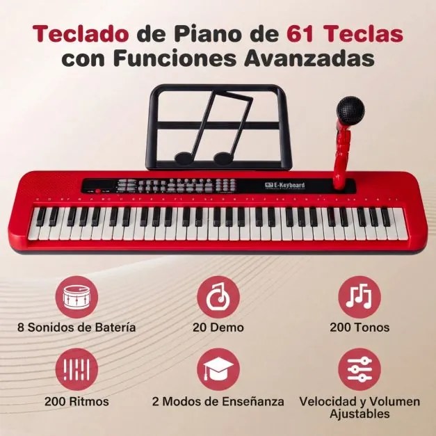 Teclado de piano de 61 teclas para crianças – Brinquedo musical, piano digital educativo com suporte ajustável, microfone e suporte para partituras ve