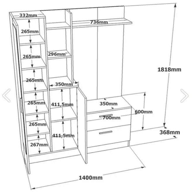 Cabideiro DD5 – Atlantic Pine e Antracite – 140x181,8x36,8 cm