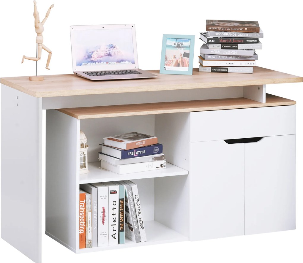 Secretária multimédia modular com vários compartimentos abertos, duplo nicho + gaveta e armário em madeira