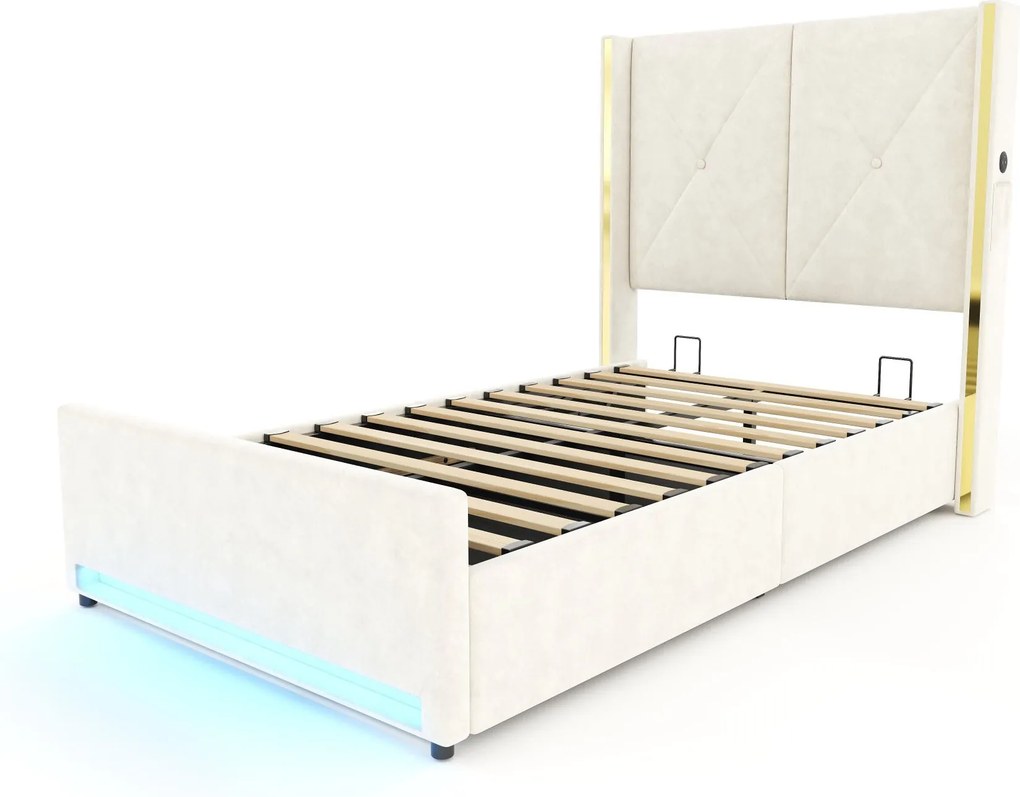 Cama em veludo com cabeceira estofada e matelassada, Bege | AOSOM Portugal