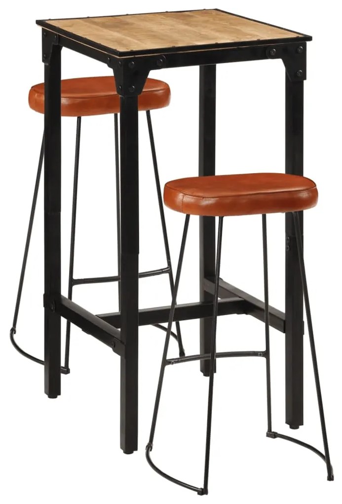 3 pcs conj. de bar madeira de mangueira áspera maciça e metal