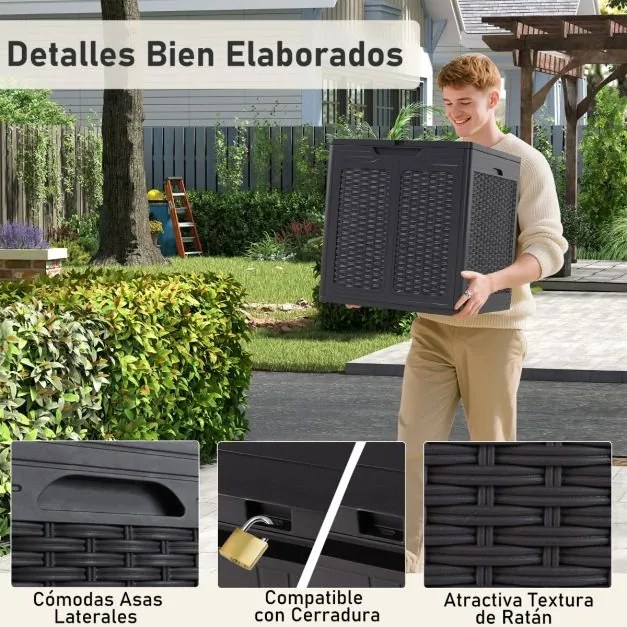 Caixa de armazenamento exterior de 145 L 56 x 56 x 60,5 cm Recipiente de PP com padrão de rattan e tampa com fechadura castanho