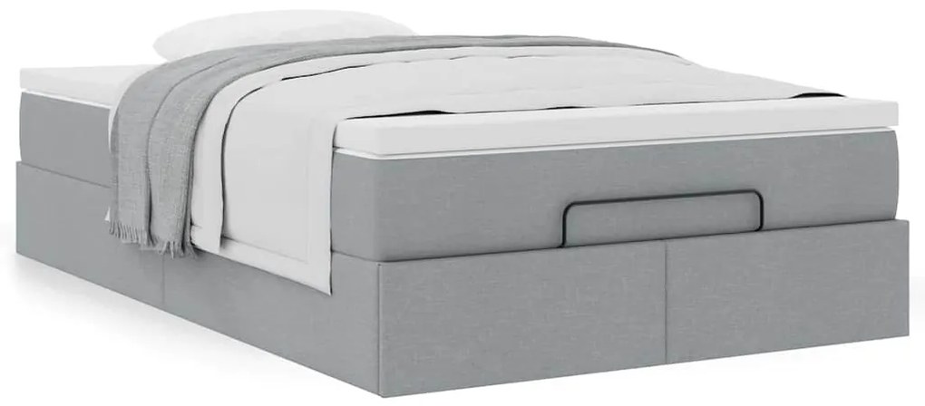 Estrutura de cama otomana com colchão cinza claro tecido