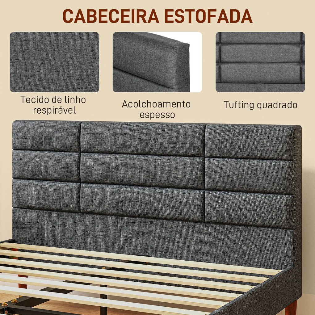 Cama 140x200 cm Estrutura de Cama com Cabeceira Estofada em Linho e Es