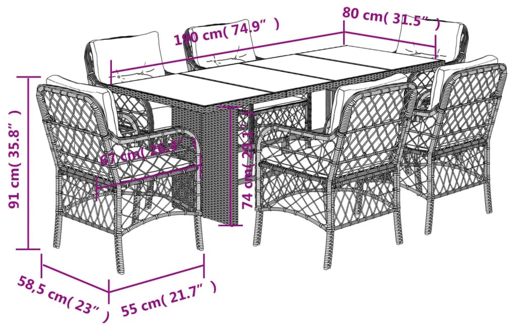 7 pcs conjunto de jantar p/ jardim c/ almofadões vime PE preto