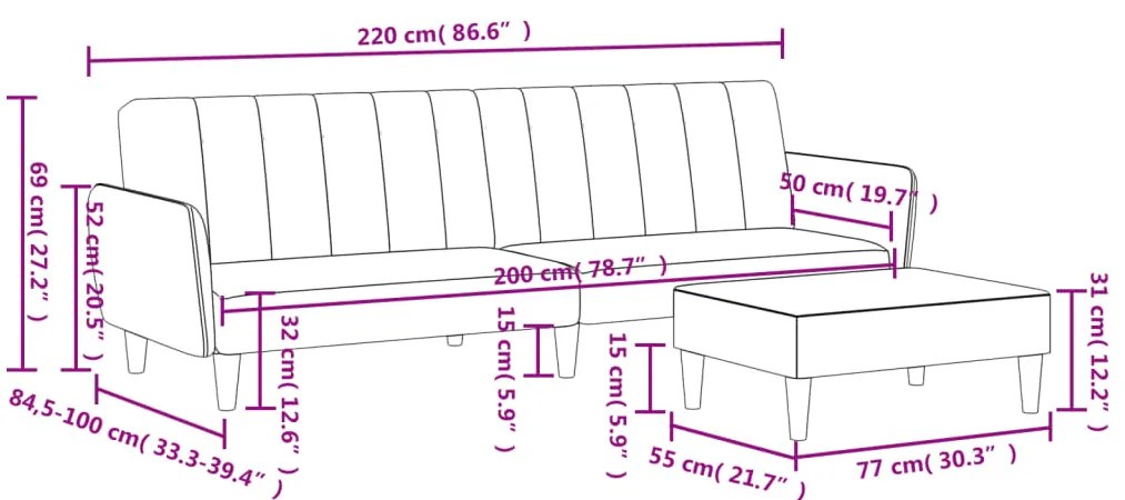 Sofá-cama 2 lugares c/ apoio de pés veludo cinza-claro