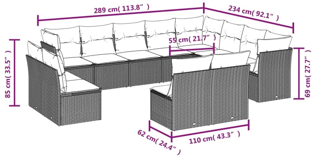 12 pcs conjunto de sofás p/ jardim com almofadões vime PE bege