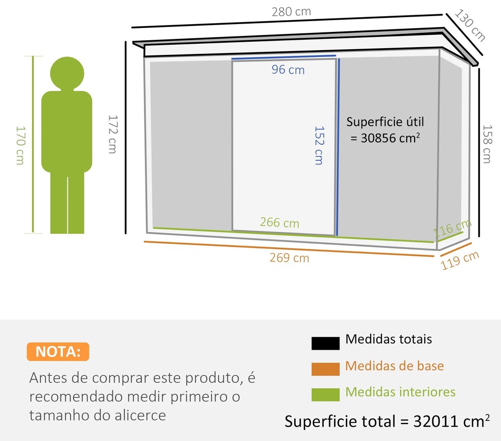 Abrigo de Jardim Metálico – 280x130x172 cm – Com Porta de Correr, Vent