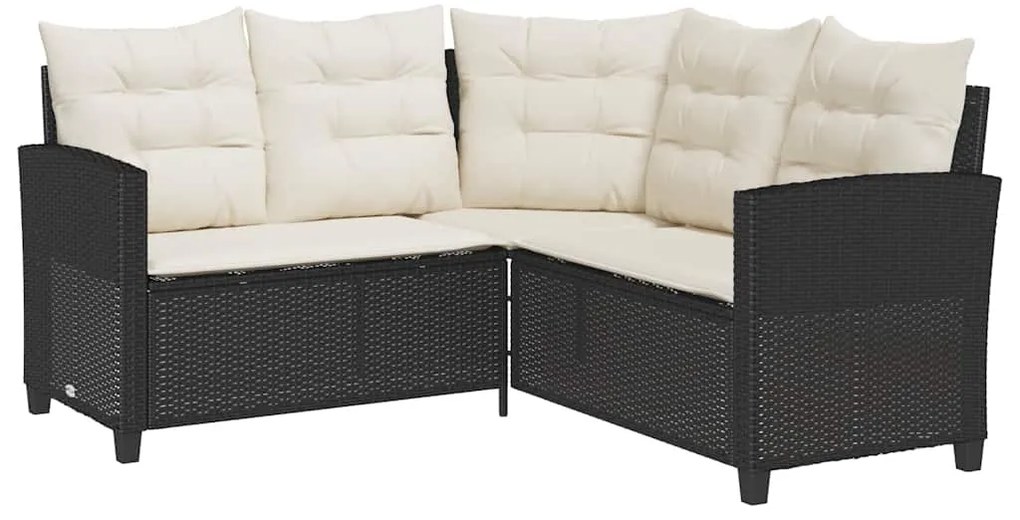 Sofá de jardim em forma de L c/ mesa e almofadões vime PE preto