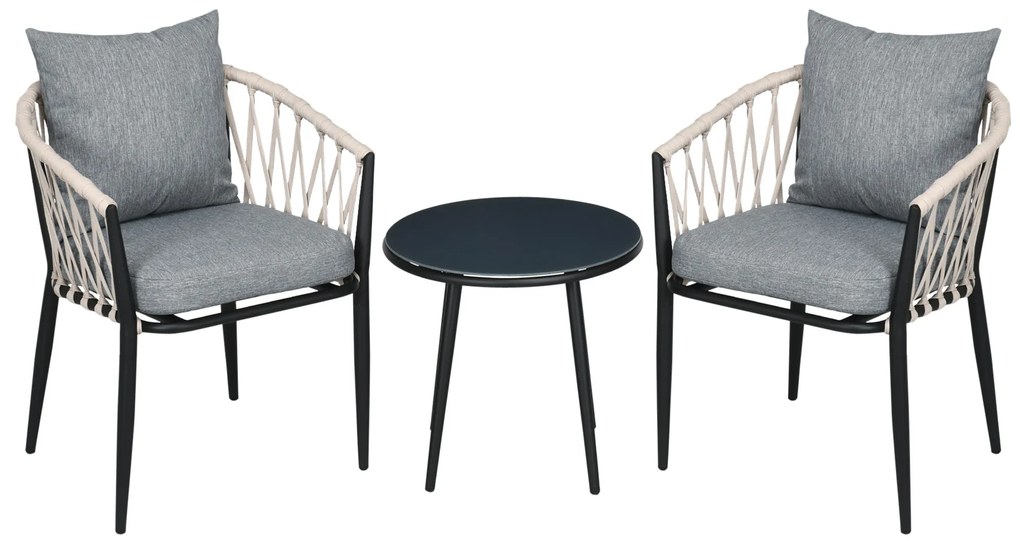 Outsunny Conjunto Móveis de Jardim 3 Peças Incluí Mesa com Bancada de Vidro Temperado e 2 Cadeiras com Almofadas Cinza | Aosom Portugal