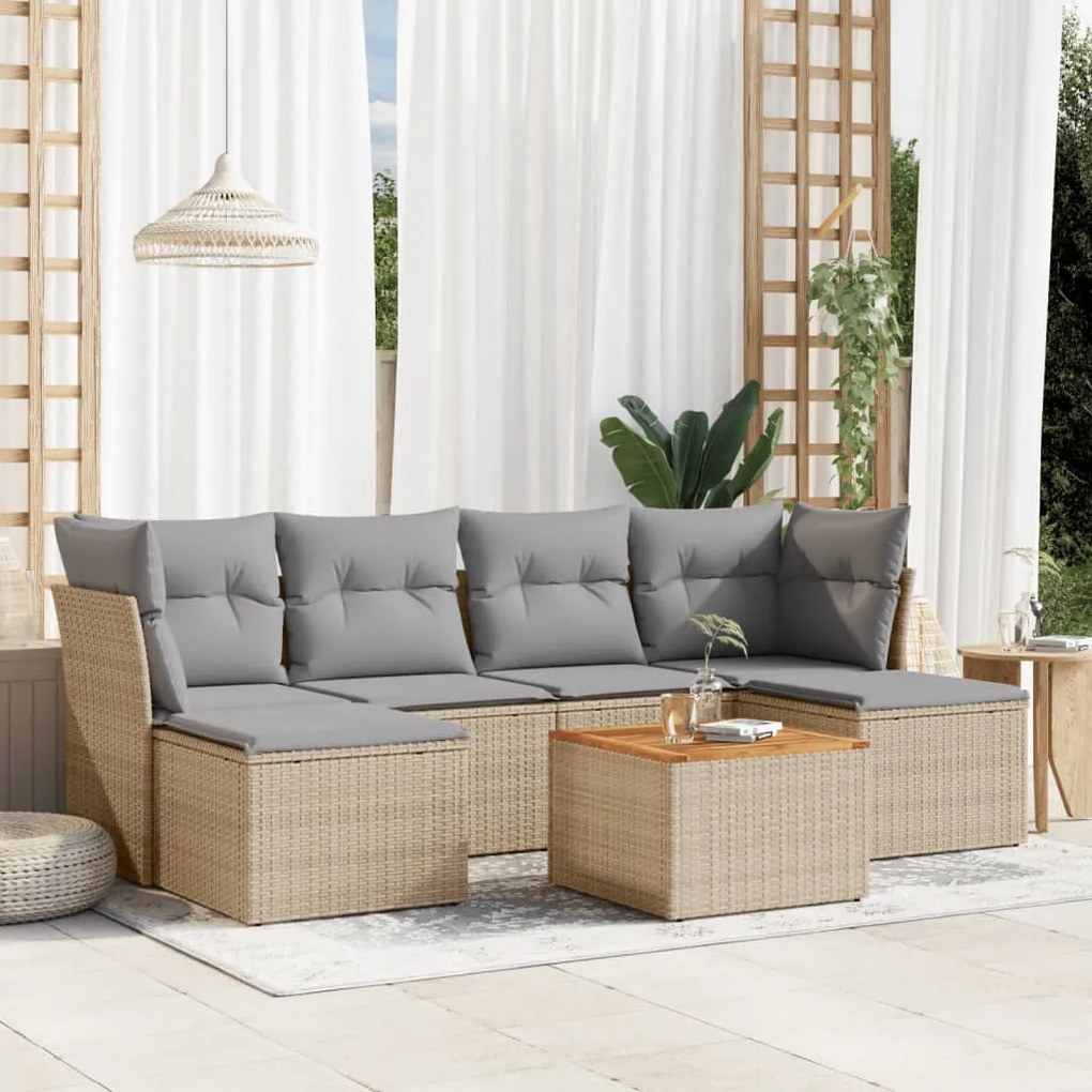 7 pcs conj. sofás jardim c/ almofadões vime PE bege misturado