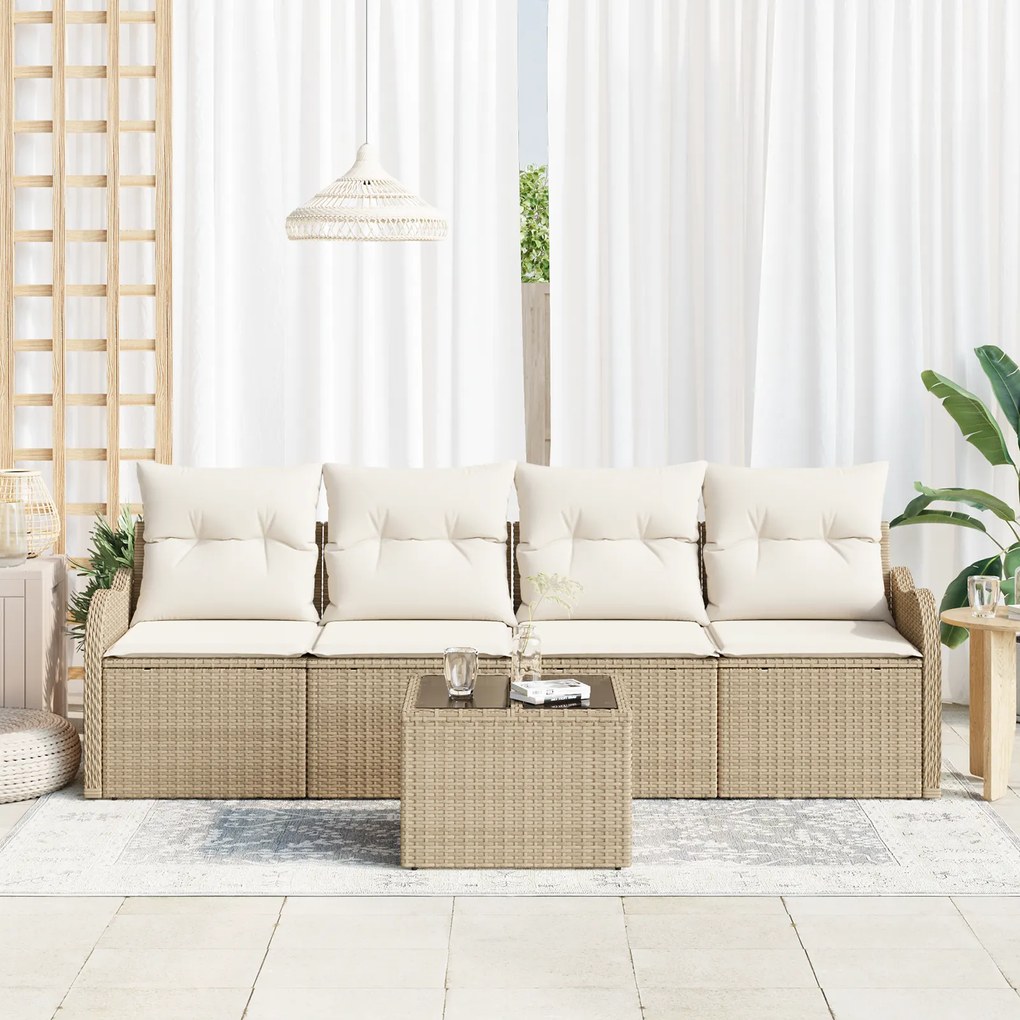 Conjunto de Sofá de Jardim 5 Peças com Almofadas Bege Rattan Sintético