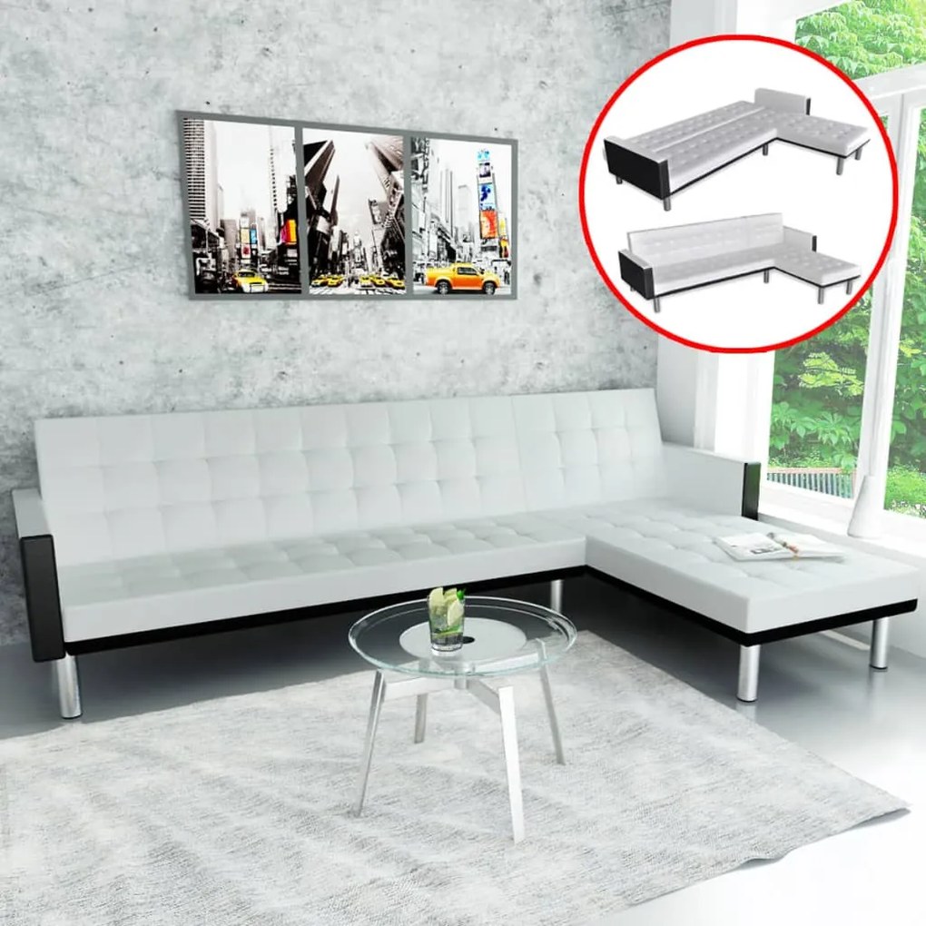 Sofá-cama em forma de L, couro artificial, branco