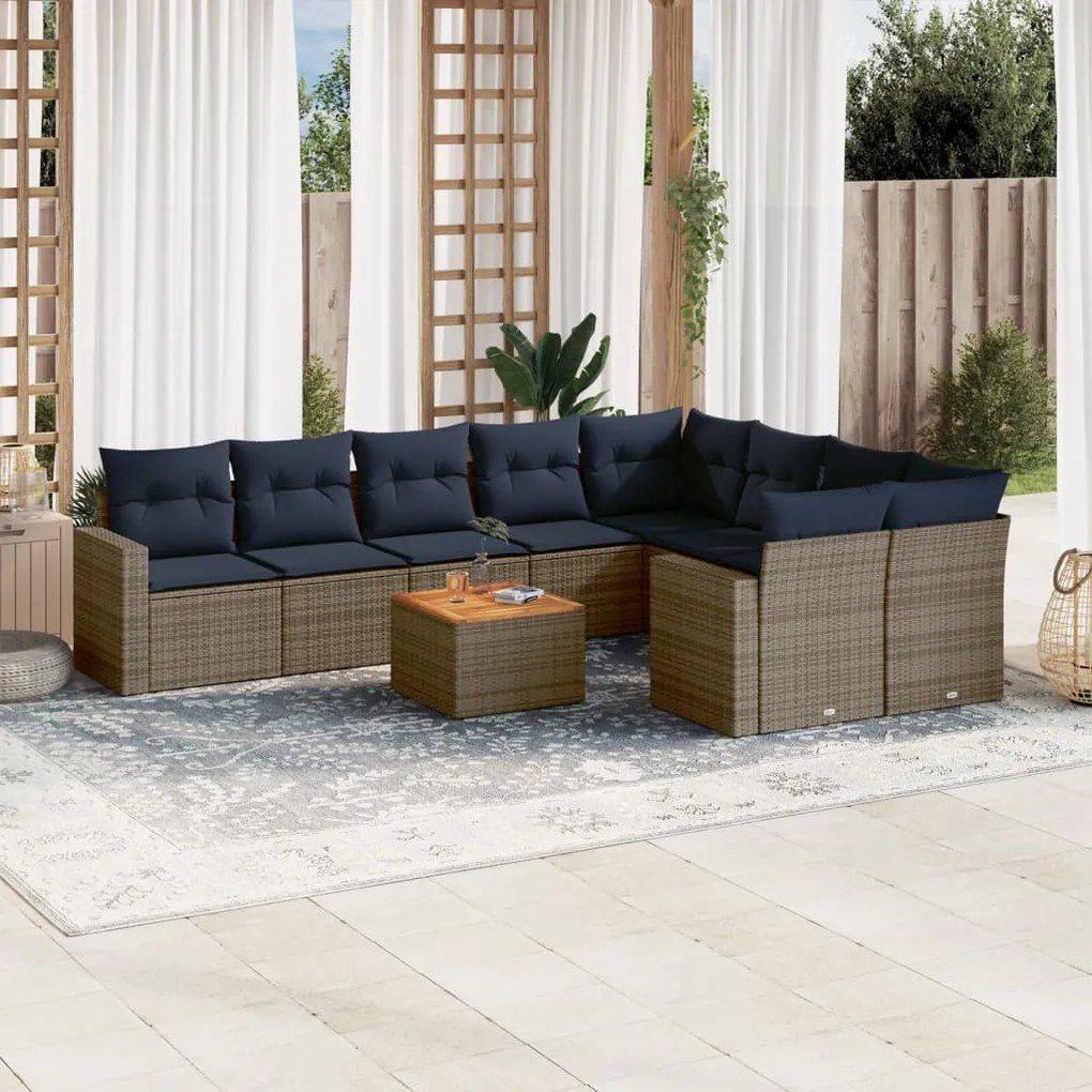 10 pcs conjunto sofás p/ jardim c/ almofadões vime PE cinzento