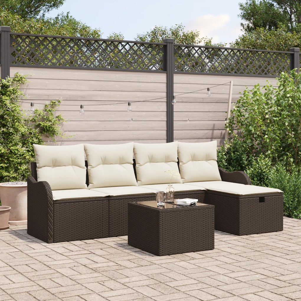 Conjunto de Sofá de Jardim de 6 Peças com Almofadas Rattan Poliéster M