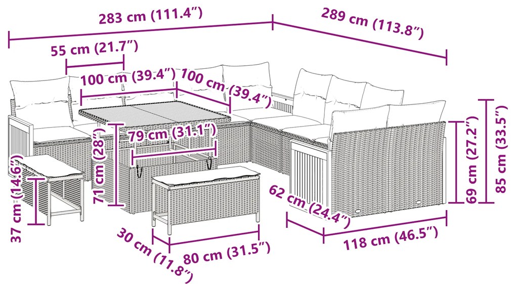 Conjunto de Sofá de Jardim vidaXL de 13 Peças com Almofadas Preto Vime