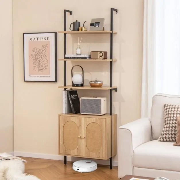 Estante de escada com armário de rattan,  Prateleiras metálicas estáveis abertas 6 níveis para sala de estar Sala de estar Escritório Natural