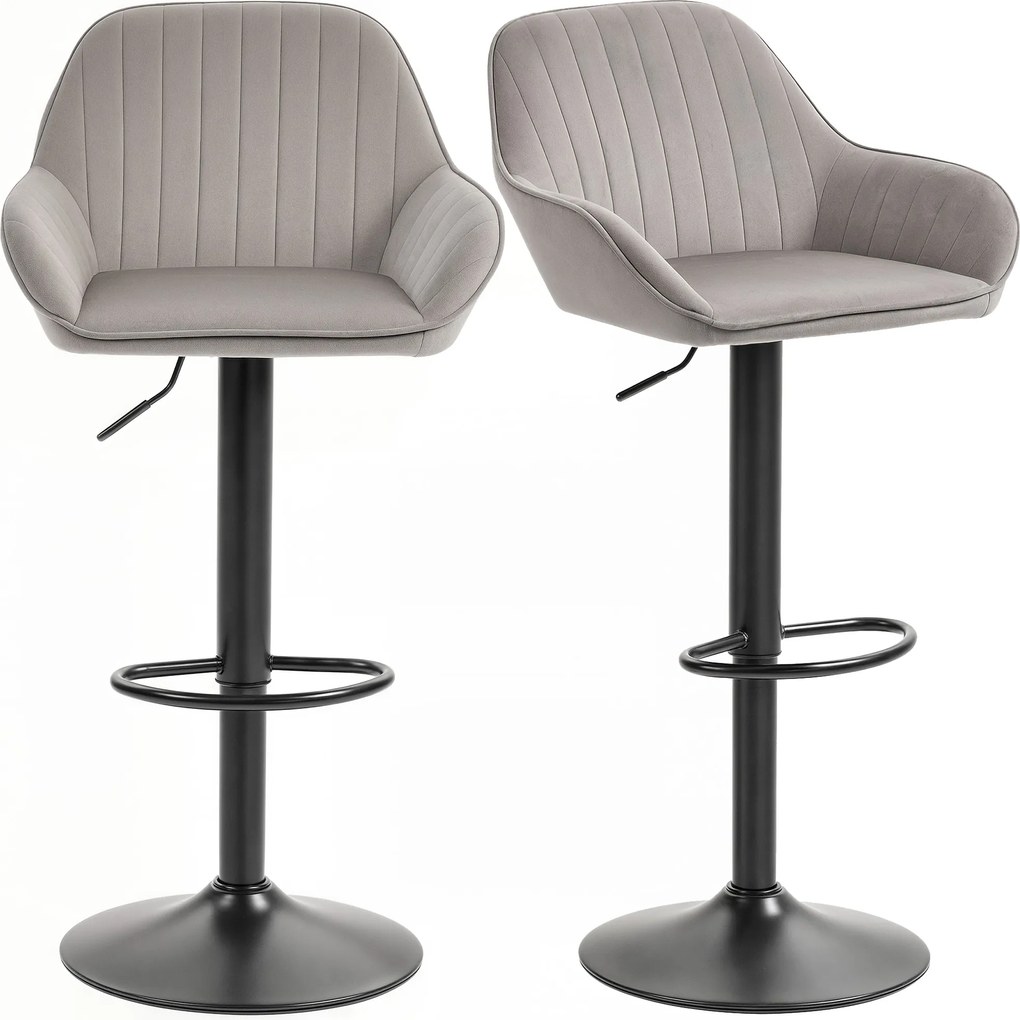 Conjunto de 2 bancos de bar, cadeiras de bar em veludo com encosto, apoio para os pés, altura ajustável e giratórias, na cor cinzenta