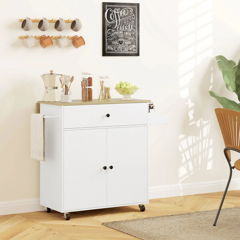 Carro de cozinha com rodas 106 x 42 x 87 cm, ilha central de cozinha – gaveta, prateleira ajustável, suporte para especiarias e toalheiro branco, cor