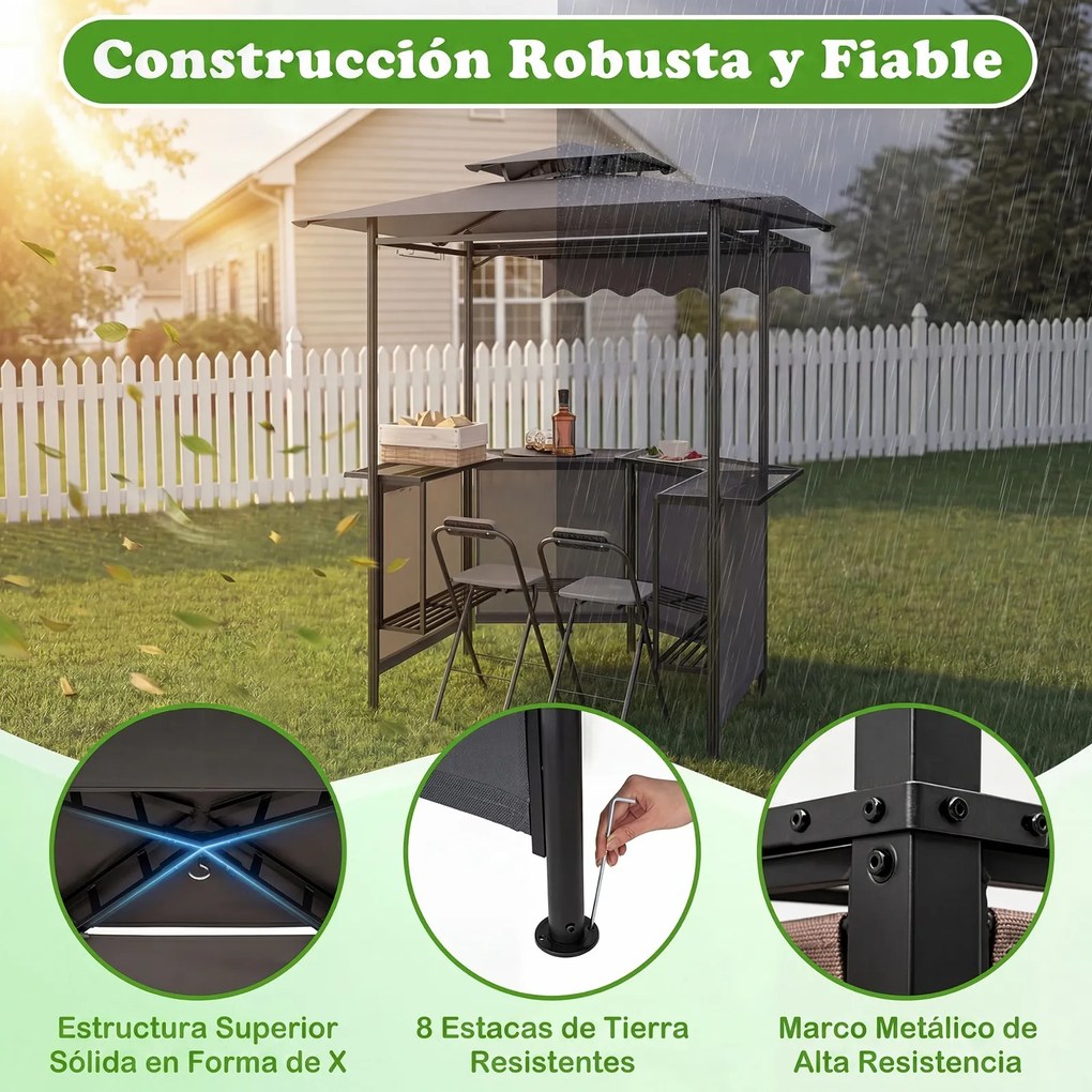 Abrigo para churrasco ou bar com 2 Bancos Dobráveis, 229 x 177 x 160 cm, Estrutura Metálica Reforçada, Cinzento