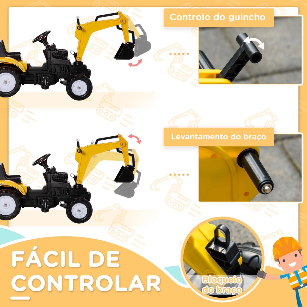 HOMCOM Tractor a Pedal para Crianças de 3-6 Anos Carro Andador Escavadora com Pá Frontal e Roboque Amovível Carga Máxima 35kg 163x42x71cm Amarelo