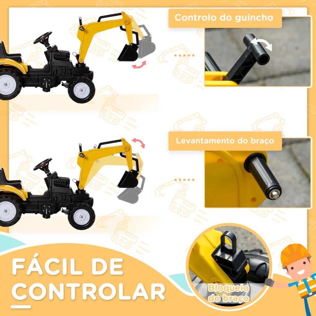 HOMCOM Trator a Pedais para Crianças acima de 3 Anos Trator com Reboque de  Pedais para Crianças com Acessórios 133x42x51 cm Amarelo e Preto