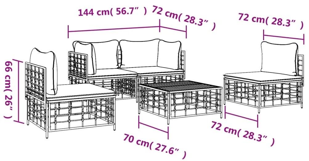5 pcs conjunto lounge de jardim c/ almofadões vime PE antracite