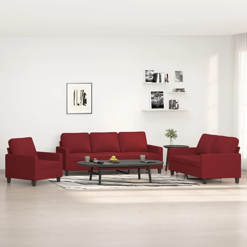 vidaXL 3 pcs conjunto de sofás com almofadões tecido vermelho tinto