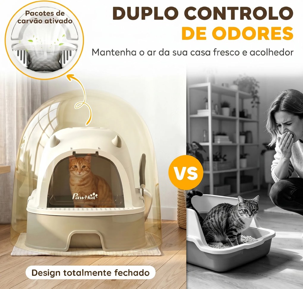 Caixa de Areia para Gatos L com Tampa Superior Removível Tabuleiro em Aço Inoxidável Porta Frontal e Pá Cinza