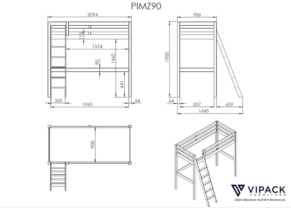 Cama alta de Criança PINO 90 x 200 cm + estrado + escada + tampo de secretária Cinzenta