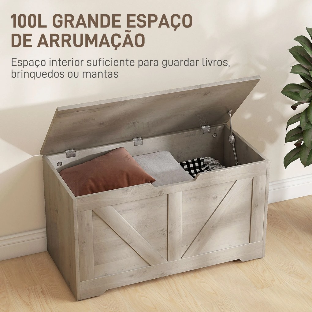 Baú de Armazenamento 100L Baú de Arrumação com Tampa e Dobradiça de Segurança 80x40x45 cm Cinzento Claro