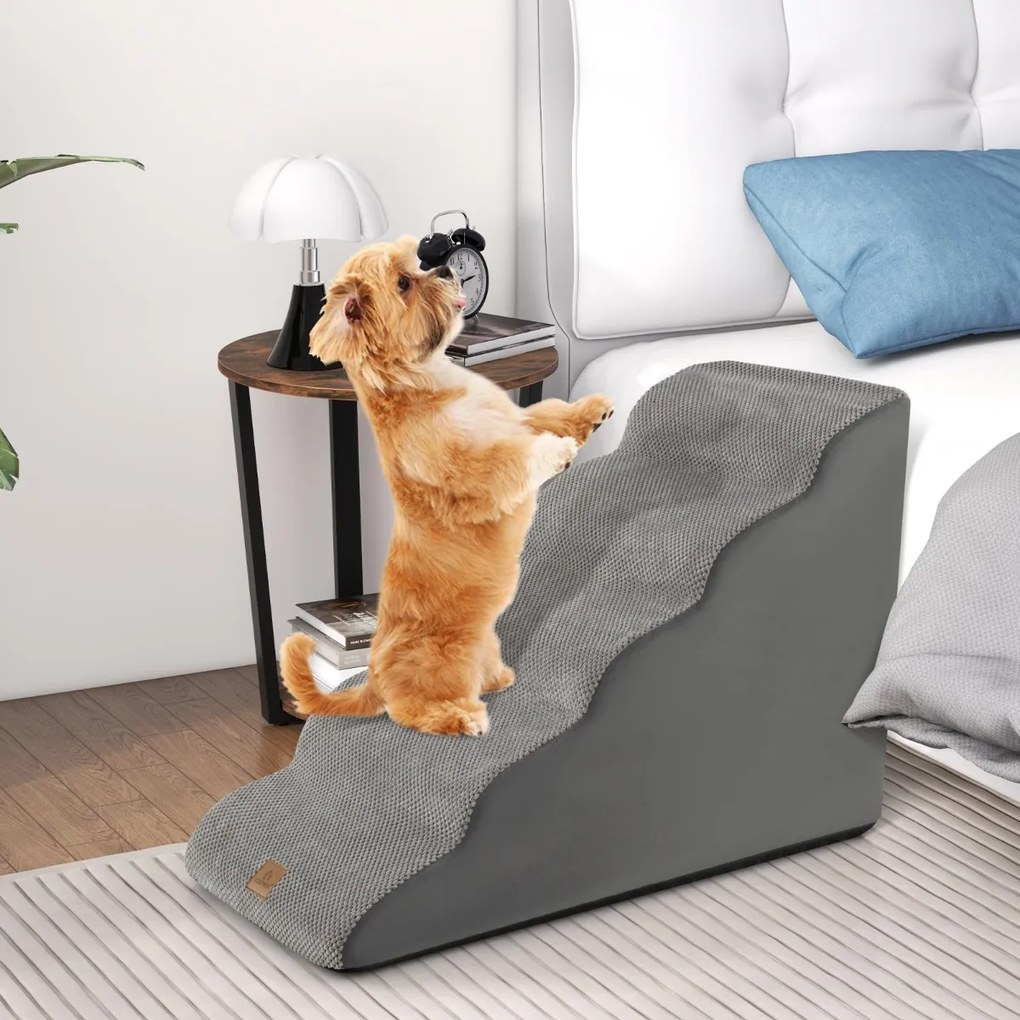 Rampa de espuma para cães Escada de 5 níveis para animais de estimação com cobertura lavável Base antiderrapante Cinzento