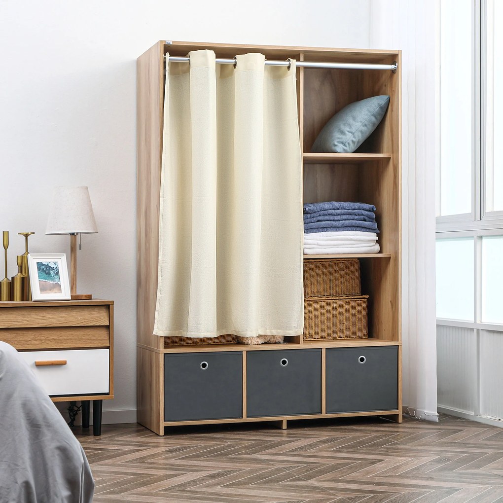 Armário de roupa, com varão para cortinas, 3 gavetas de tecido removíveis, 105 x 48 x 160 cm, natural