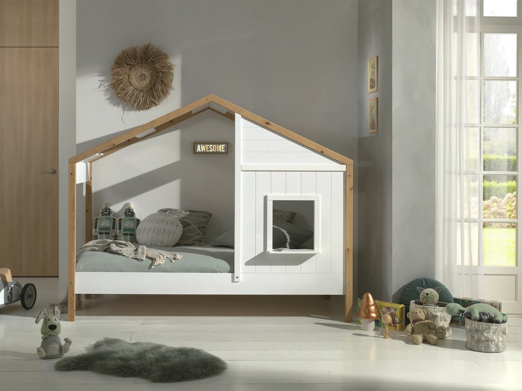 Cama Infantil BABS 91 Desenho Casa + Gaveta Branco/Natural