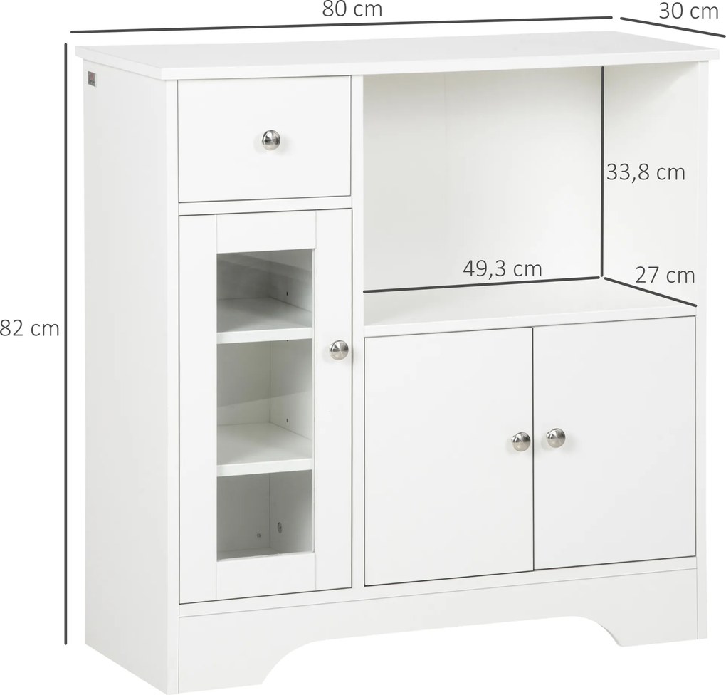 Aparador de cozinha moderno com porta de vidro, gaveta, nicho amplo e prateleiras ajustáveis 80 x 30 x 82 cm branco